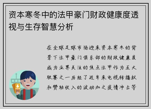 资本寒冬中的法甲豪门财政健康度透视与生存智慧分析