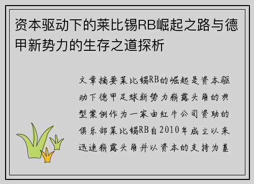 资本驱动下的莱比锡RB崛起之路与德甲新势力的生存之道探析