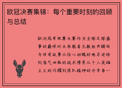 欧冠决赛集锦：每个重要时刻的回顾与总结