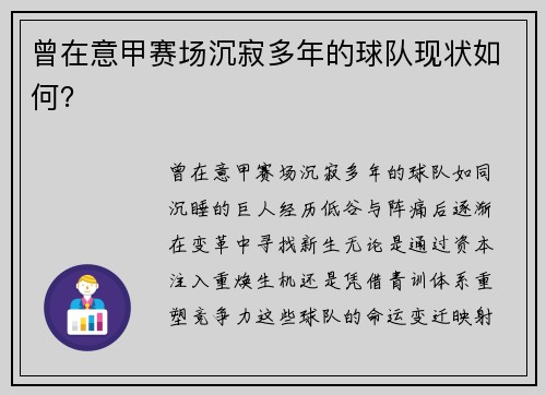 曾在意甲赛场沉寂多年的球队现状如何？