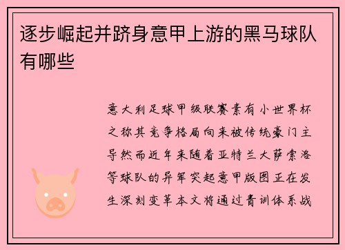 逐步崛起并跻身意甲上游的黑马球队有哪些